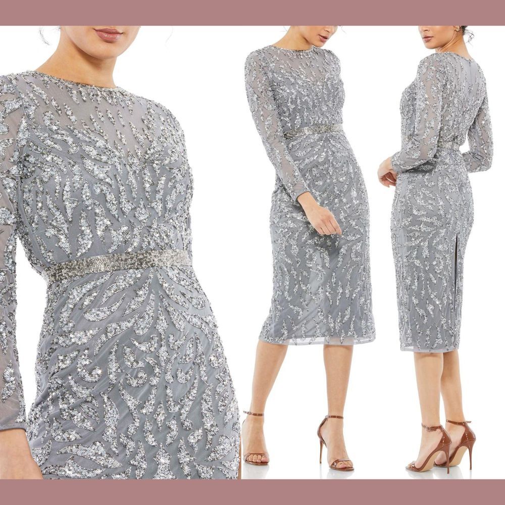 NWT $498 Mac Duggal [‎ 16 ] Embellished Illusion Sheath Midi Dress Platinum #J36
